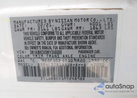 2021 Nissan Sentra Sv Xtronic Cvt из США, поврежденный, VIN 3N1AB8CV5MY248988